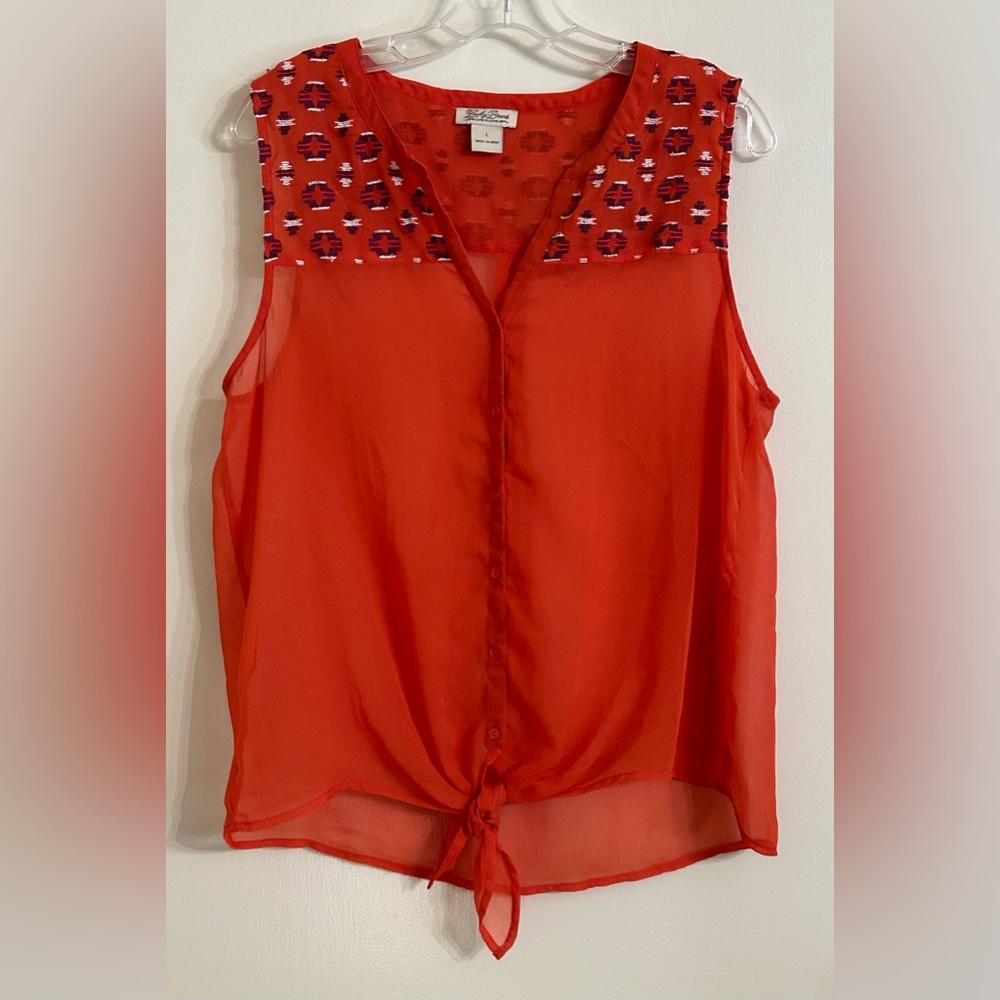 Lucky Brand Sleeveless Sheer Blouse with Tie Front